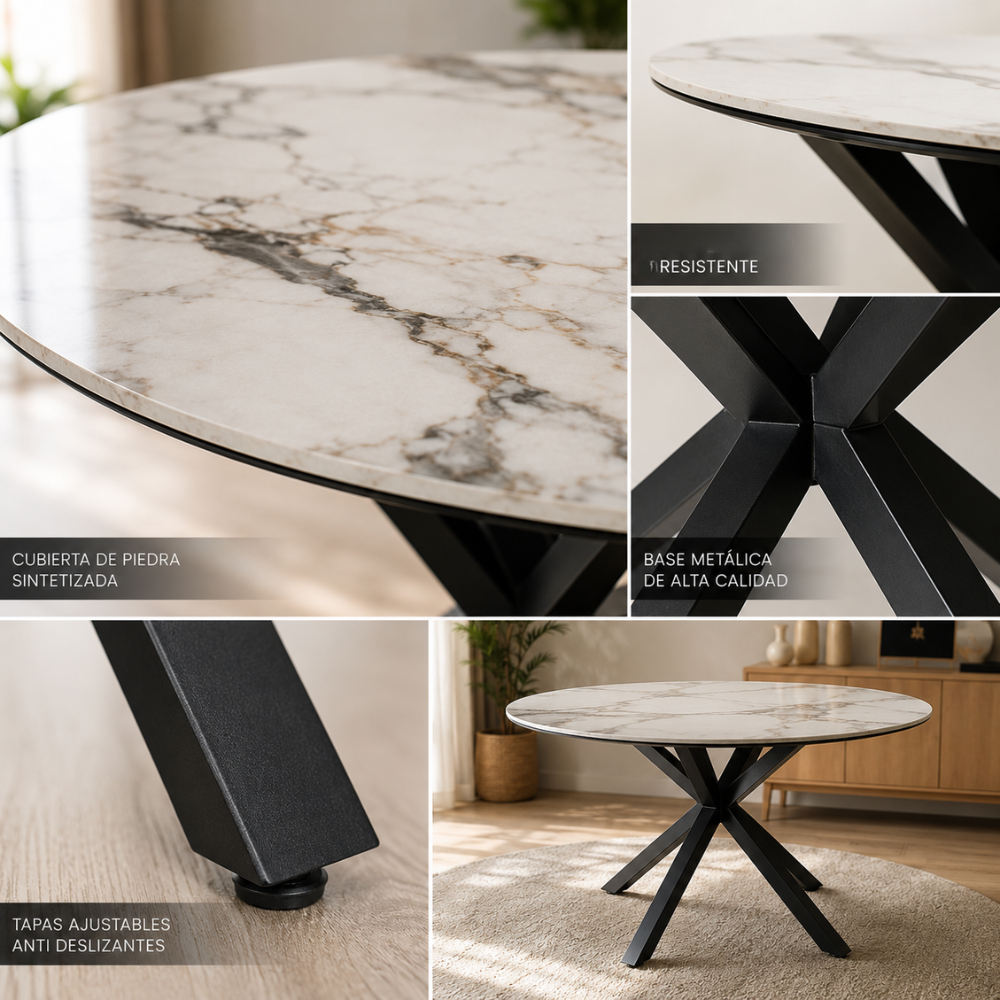 Comedor 4 Sillas Wishbone + Mesa Madrid Stone Redonda