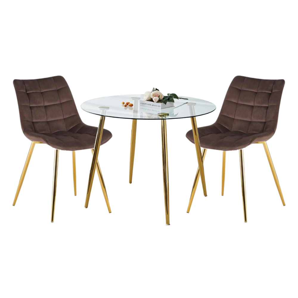Comedor Mesa Vidrio Lyon 80 Cm + 2 Sillas Capitone Macron Dorada