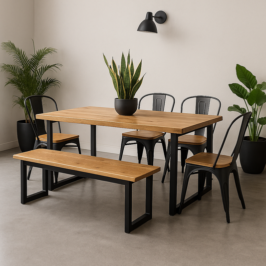 Comedor Industrial Madera 160x90 + 1 Banqueta + 4 Sillas Tolix