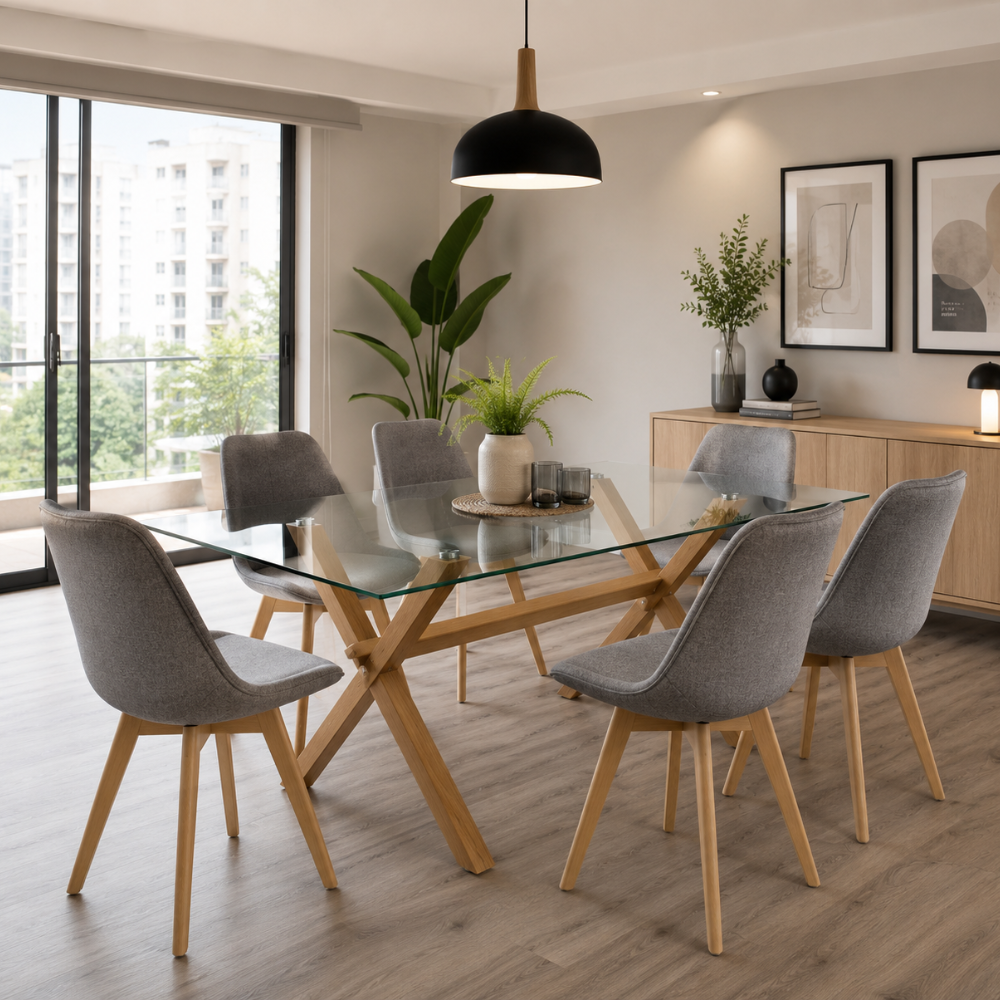 Comedor 6 Sillas Tulip Lino + Mesa Vidrio Cross 160x90