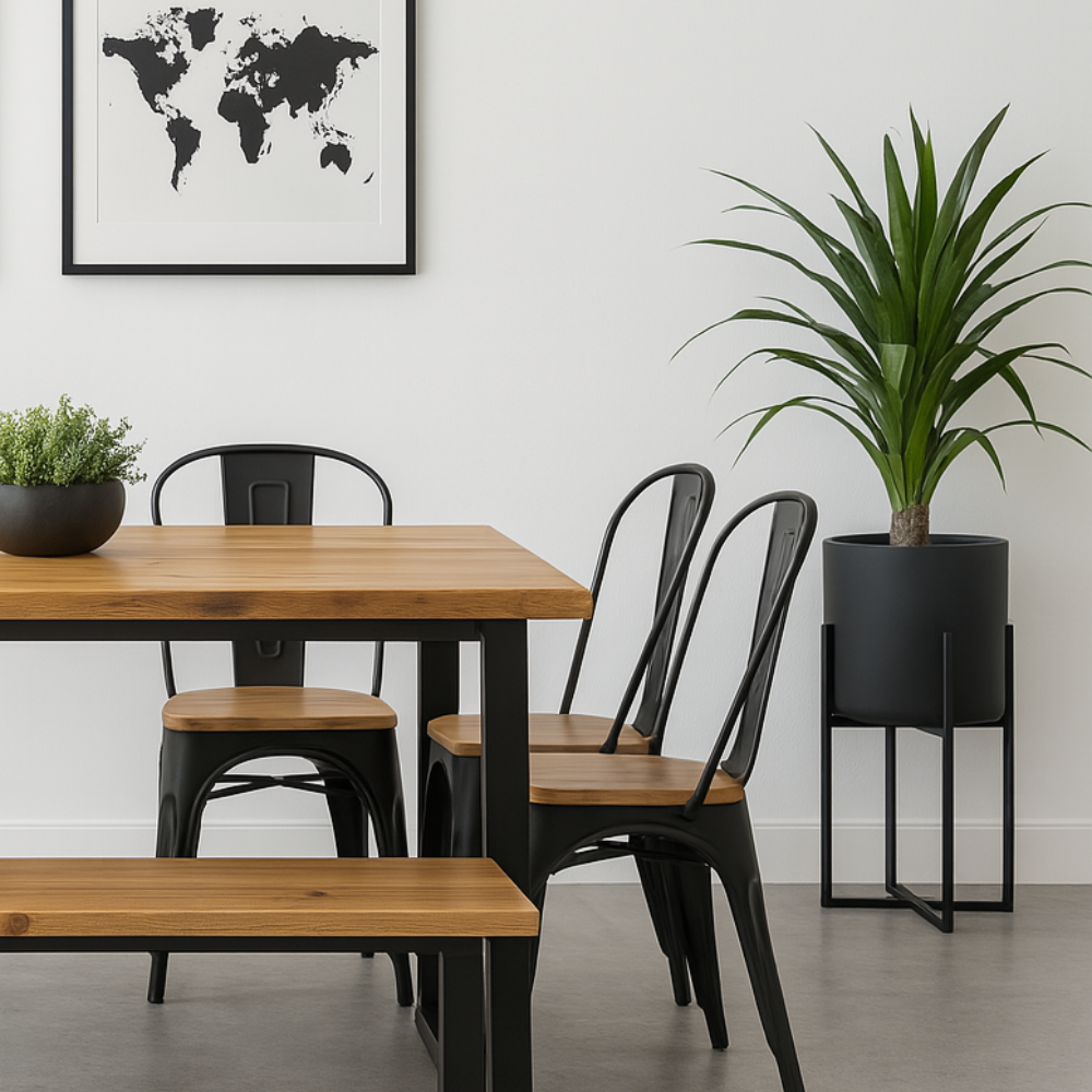 Comedor Industrial Madera 160x90 + 1 Banqueta + 4 Sillas Tolix