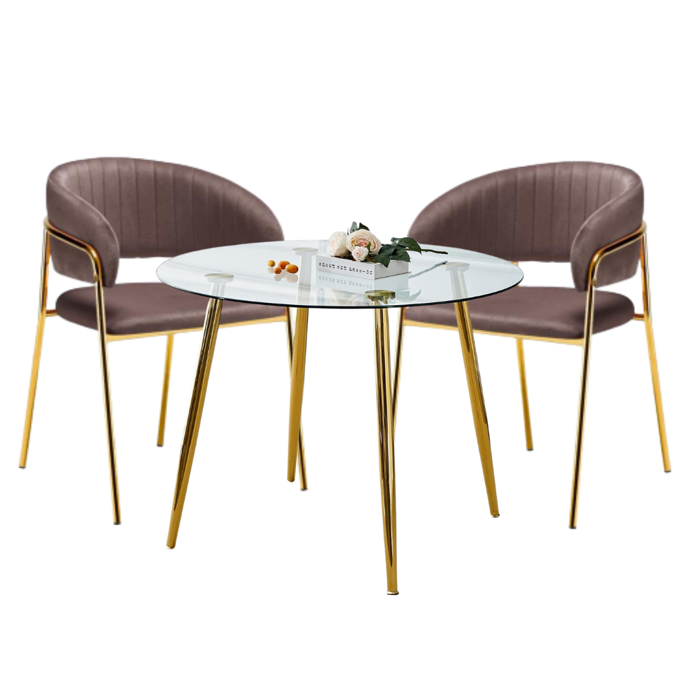 Comedor Mesa Vidrio Lyon 80 Cm + 2 Sitial Glam Dorado