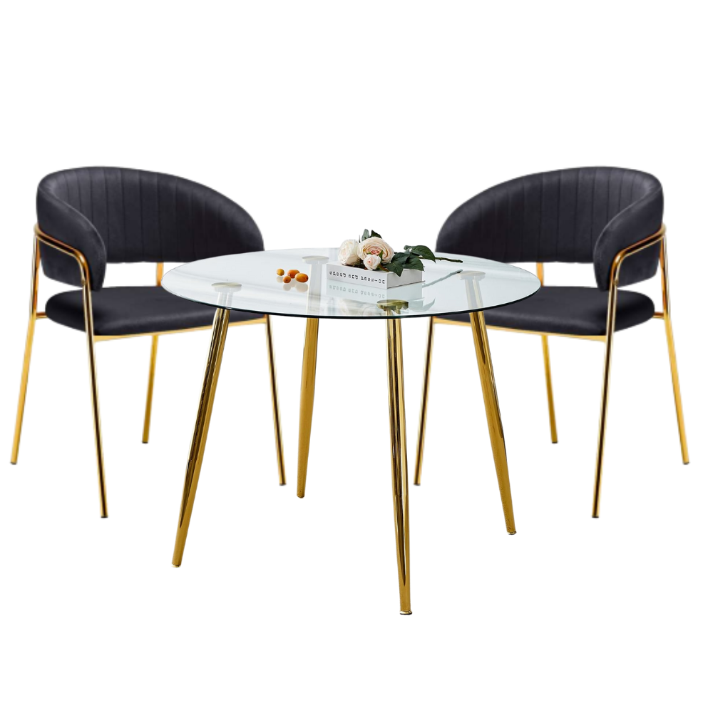 Comedor Mesa Vidrio Lyon 80 Cm + 2 Sitial Glam Dorado