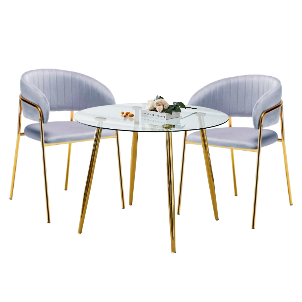 Comedor Mesa Vidrio Lyon 80 Cm + 2 Sitial Glam Dorado