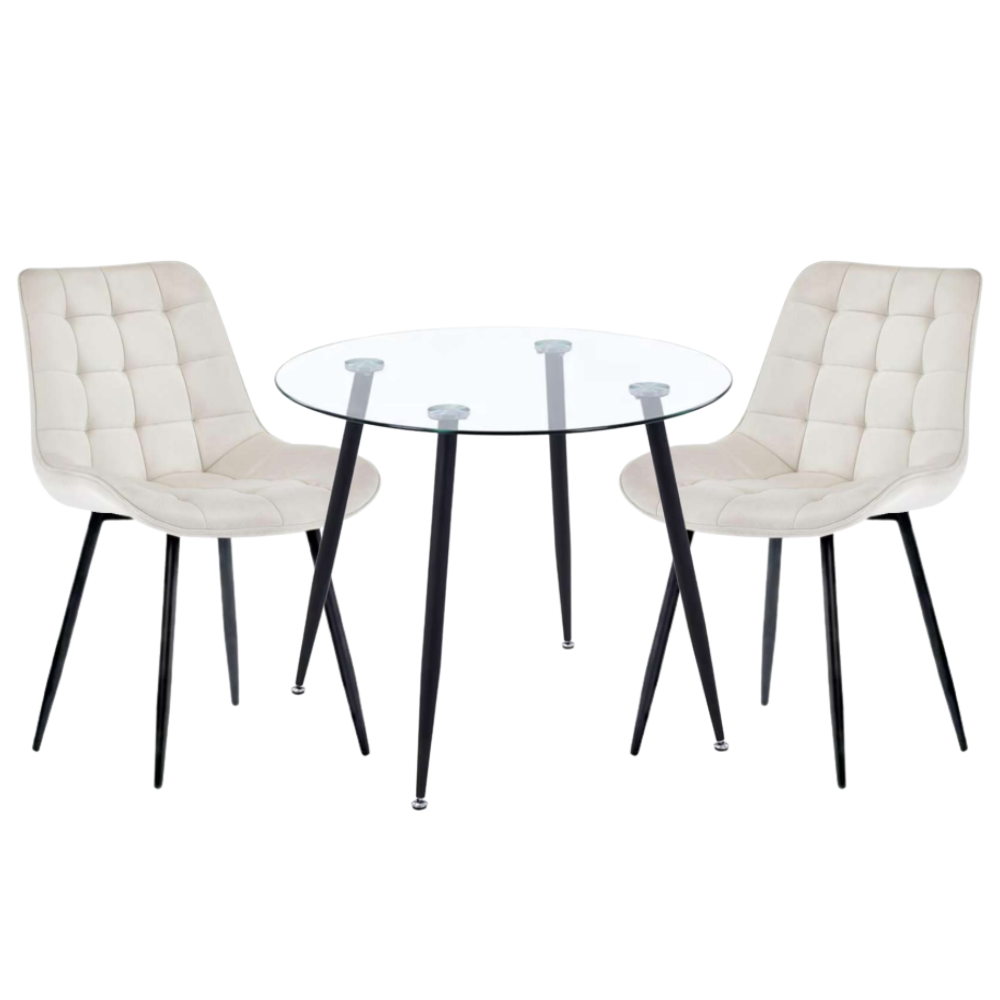 Comedor Mesa Vidrio Lyon 80 Cm + 2 Sillas Capitone Macron