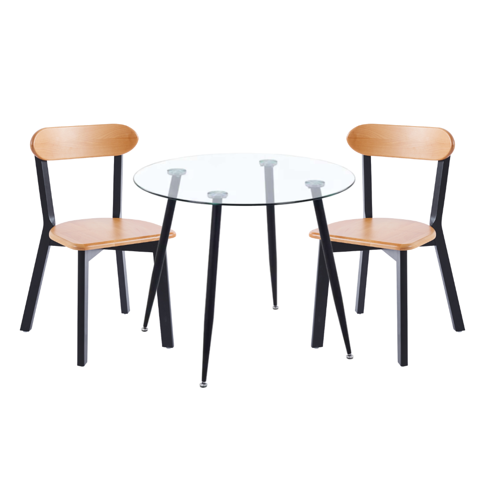 Comedor Mesa Vidrio Lyon 80 Cm + 2 Sillas Fresno Madera Negra