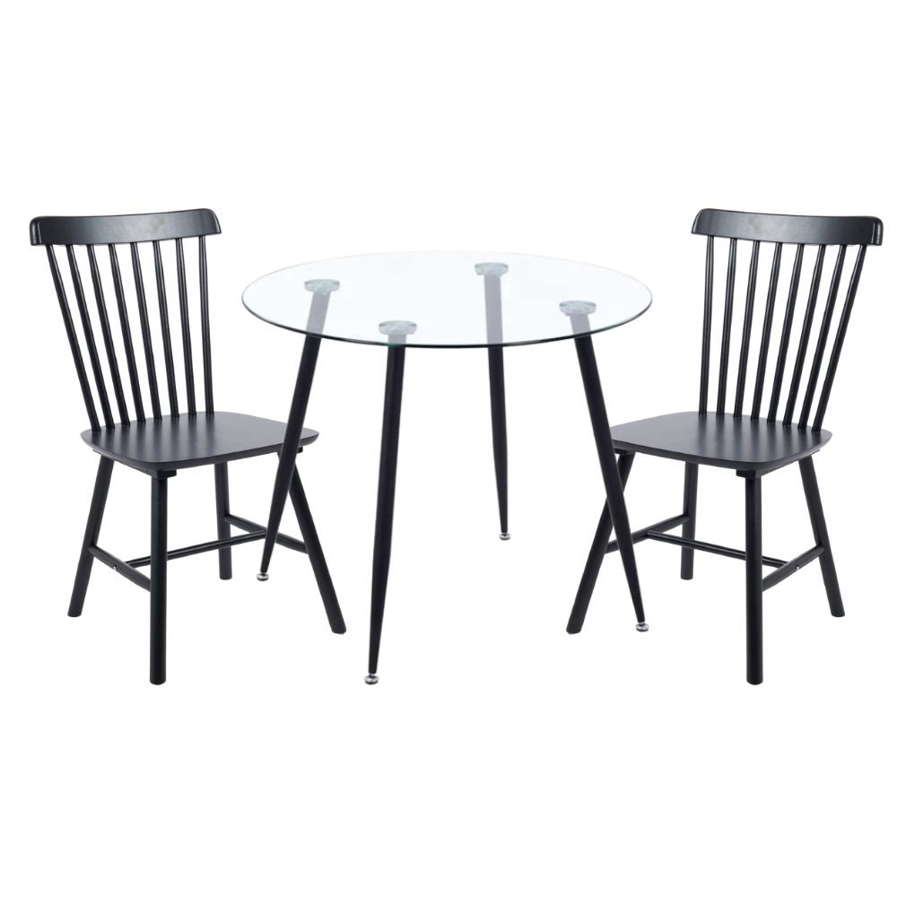 Comedor Mesa Vidrio Lyon 80 Cm + 2 Sillas Windsor Madera Negra