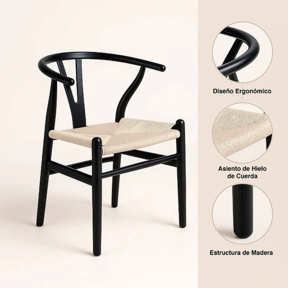 Silla Wishbone Madera Negra - Asiento Tejido Natural