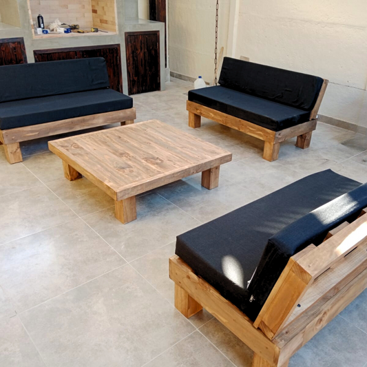 Juego Set de Terraza Rustic Madera - Cojines Color Negro