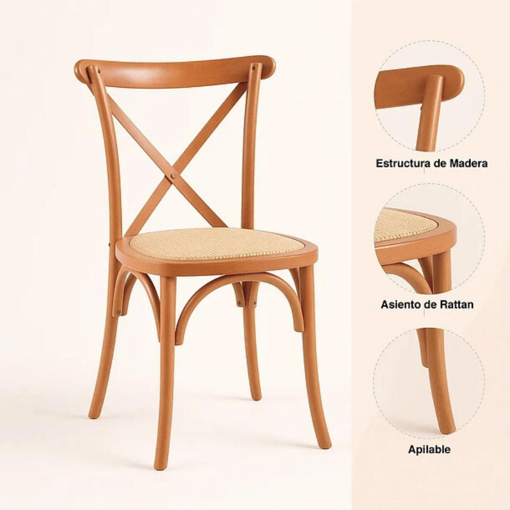 Pack 4 Sillas Crossback Madera Natural - Asiento Rattan