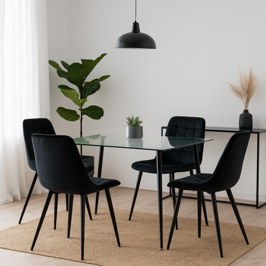 Mesa Vidrio Lyon Black 130x80 Cm + 4 Sillas Capitone Macron