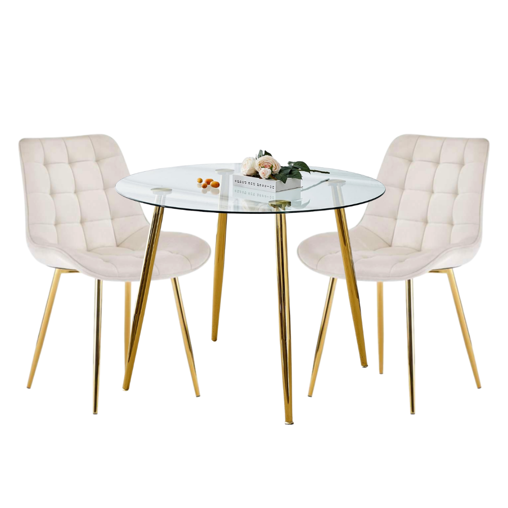 Comedor Mesa Vidrio Lyon 80 Cm + 2 Sillas Capitone Macron Dorada