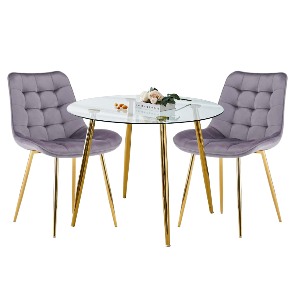 Comedor Mesa Vidrio Lyon 80 Cm + 2 Sillas Capitone Macron Dorada