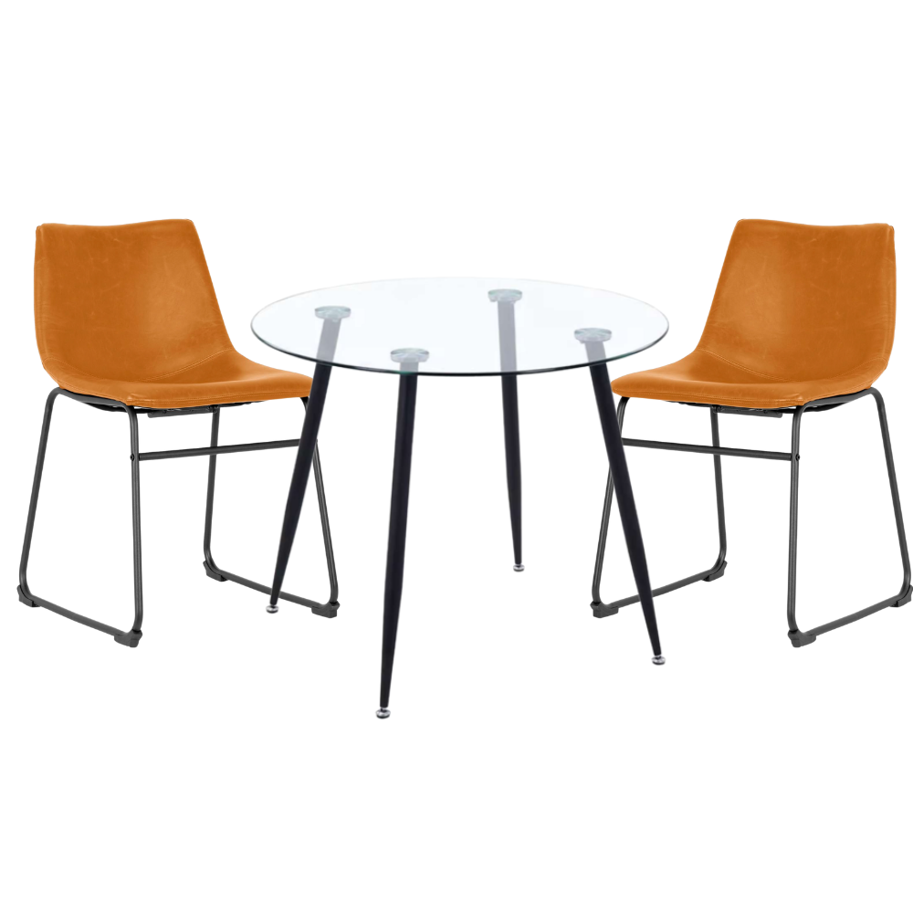 Comedor Mesa Vidrio Lyon 80 Cm + 2 Sillas Burgos Ecocuero Metal