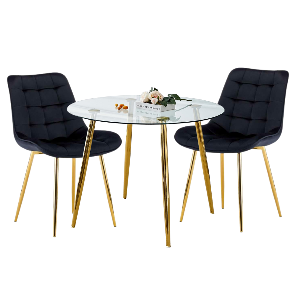 Comedor Mesa Vidrio Lyon 80 Cm + 2 Sillas Capitone Macron Dorada